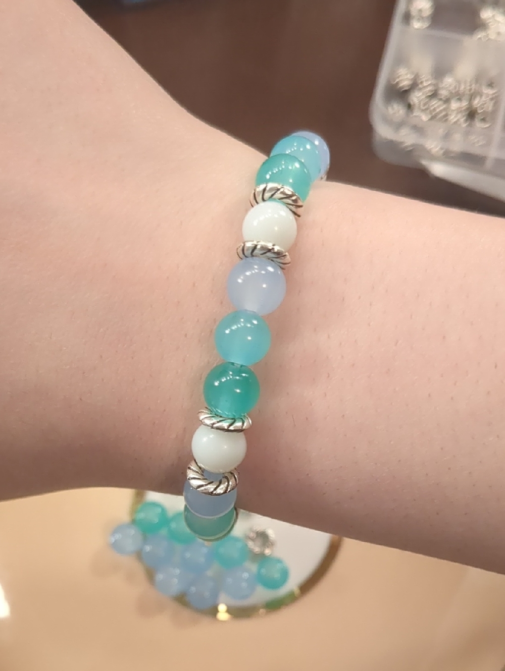 Ocean Water Stretch Bracelet - Mint, Aqua & White - Handmade